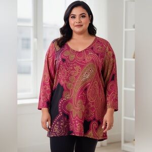 Onque Casual Women’s Magenta and Gold Paisley Design Tunic Size 1X